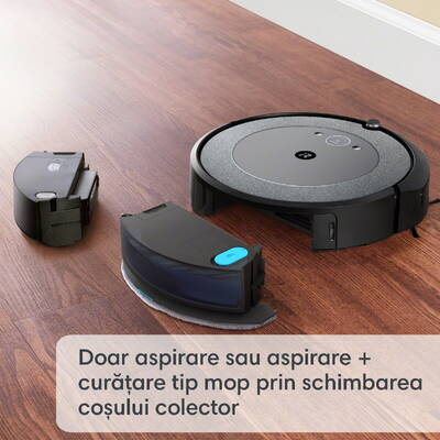 Robot de aspirare cu mop, iRobot Combo i5+, i557840, golire automata in CleanBase, sistem de curatare Aeroforce in 4 etape, recipient lavabil, wi-fi, navigare inteligenta si harta, control prin aplicatia iRobot Home, Dirt Detect, gri/negru