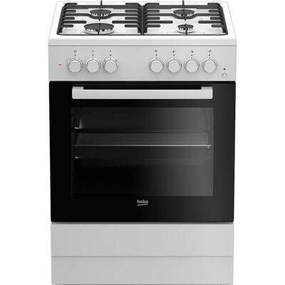 Aragaz Beko FSST62110DW, Mixt, 4 arzatoare cu eficienta ridicata, Aprindere electrica, Grill, Rotisor, Clasa A, 60 cm, Alb