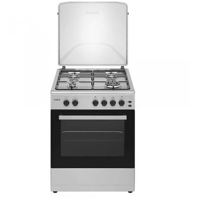 Samus Aragaz SM661XPGS1, 4 arzatoare (1 wok), Cuptor pe gaz, 55 L, Grill, Timer, Aprindere electrica plita, Siguranta plita + cuptor, Inox