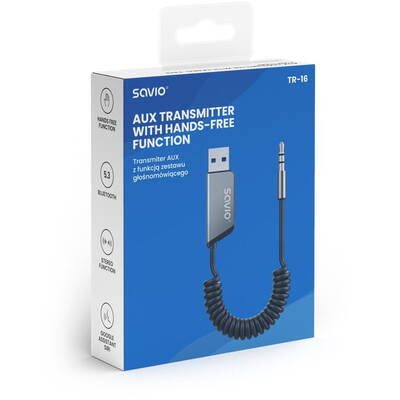 SAVIO  TR-16 Transmitter AUX adapter with hands-free function, Bluetooth 5.3,  Assistant/Siri