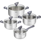 TEFAL Set 8 piese Daily Cook, inductie, cratita de 16 cm, oala de 18/20/24 cm, 4 capace de sticla cu design inteligent, manere ergonomice, interior gradat, inox premium, argintiu