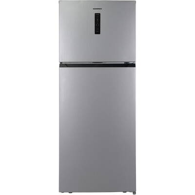 Frigider cu doua usi Heinner HF-HM415NFSE++, 415 l, Full No Frost, Clasa E, Compresor Dual Inverter, Display, Blocare Acces copii, H 178 cm, Argintiu